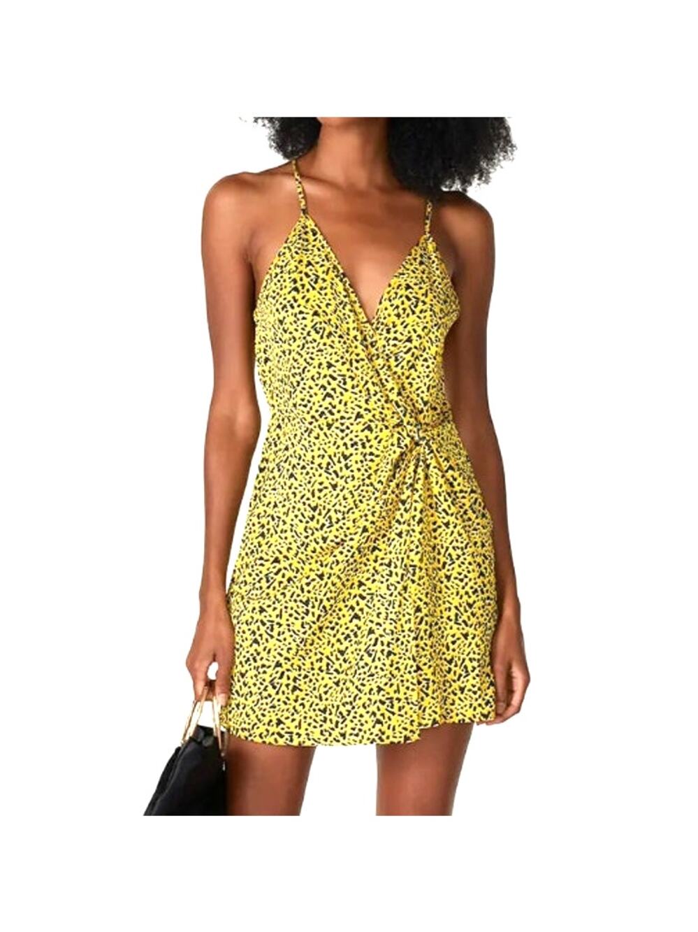 BCBGeneration Faux Wrap Mini Dress Leopard Print Sleeveless Yellow Womens Size 2